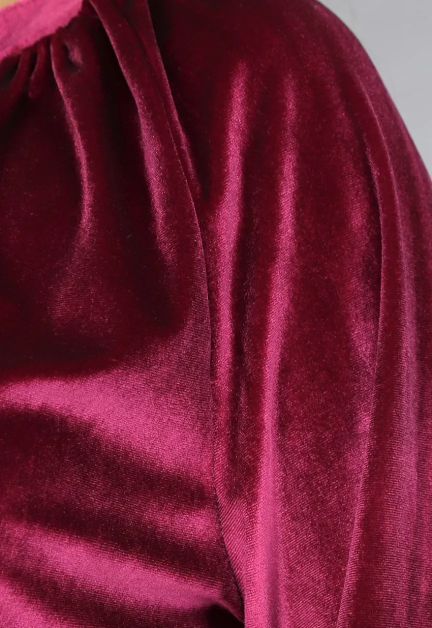 Cherry Roze Velvet Blouse met Pofmouwen