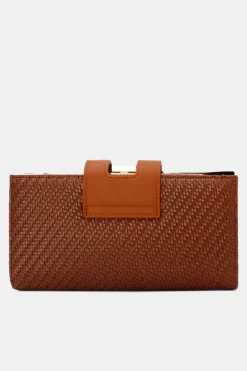 Cognackleurige Gevlochten Clutch van Imitatieleer met Gouden Schouderketting