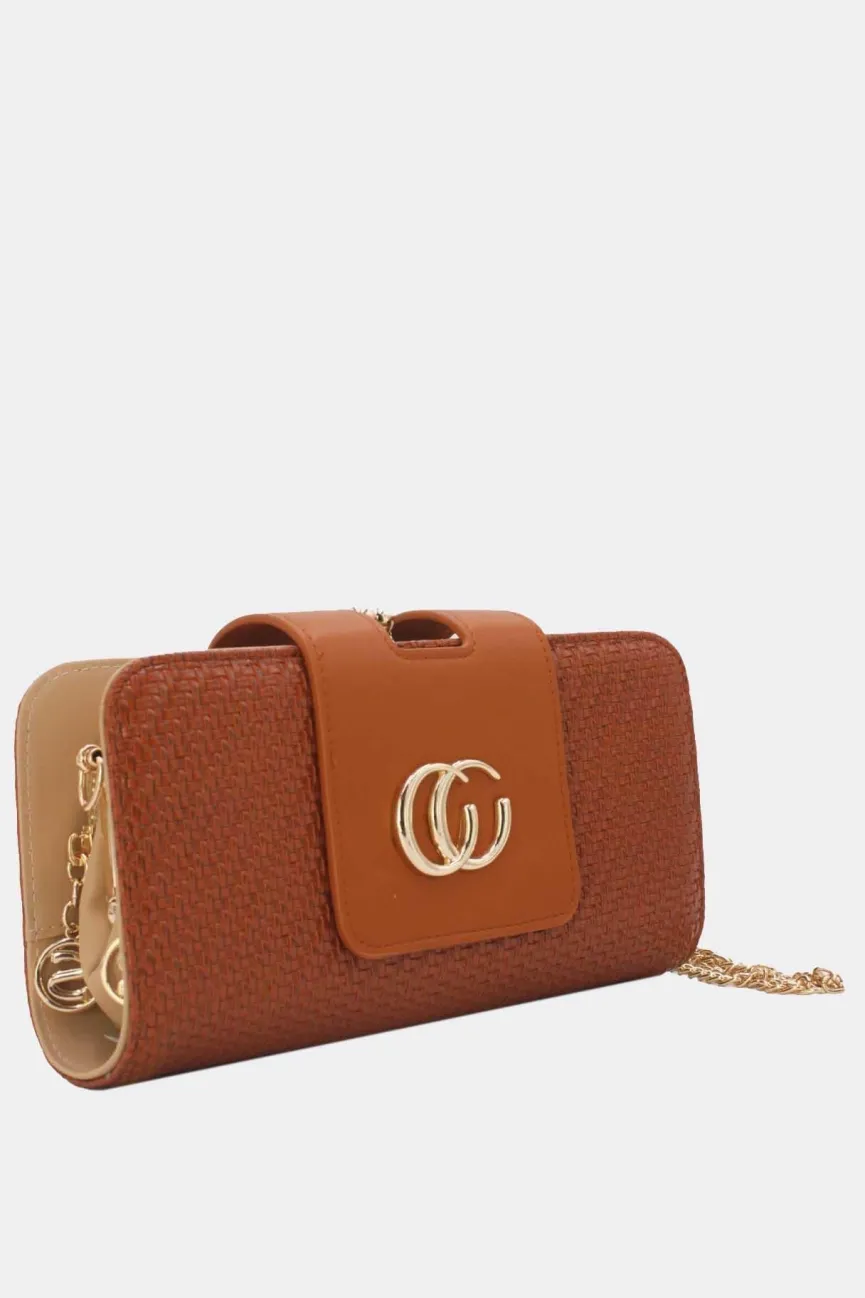 Cognackleurige Gevlochten Clutch met Gouden Schouderketting