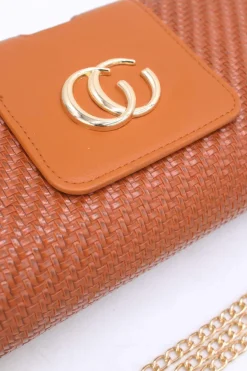 Cognackleurige Gevlochten Clutch met Gouden Schouderketting