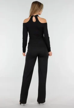 Cold Shoulder Peplum Top met Choker Zwart