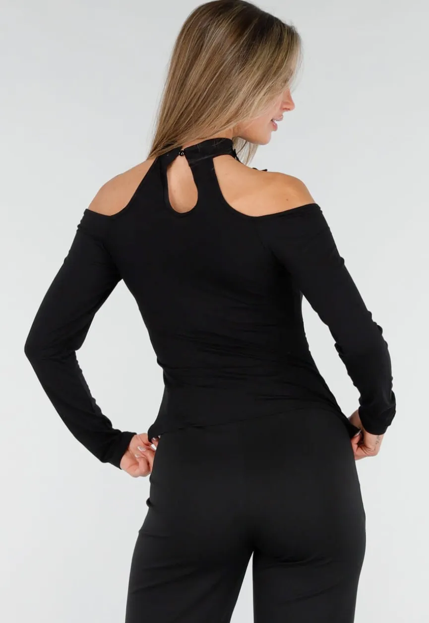 Cold Shoulder Peplum Top met Choker Zwart
