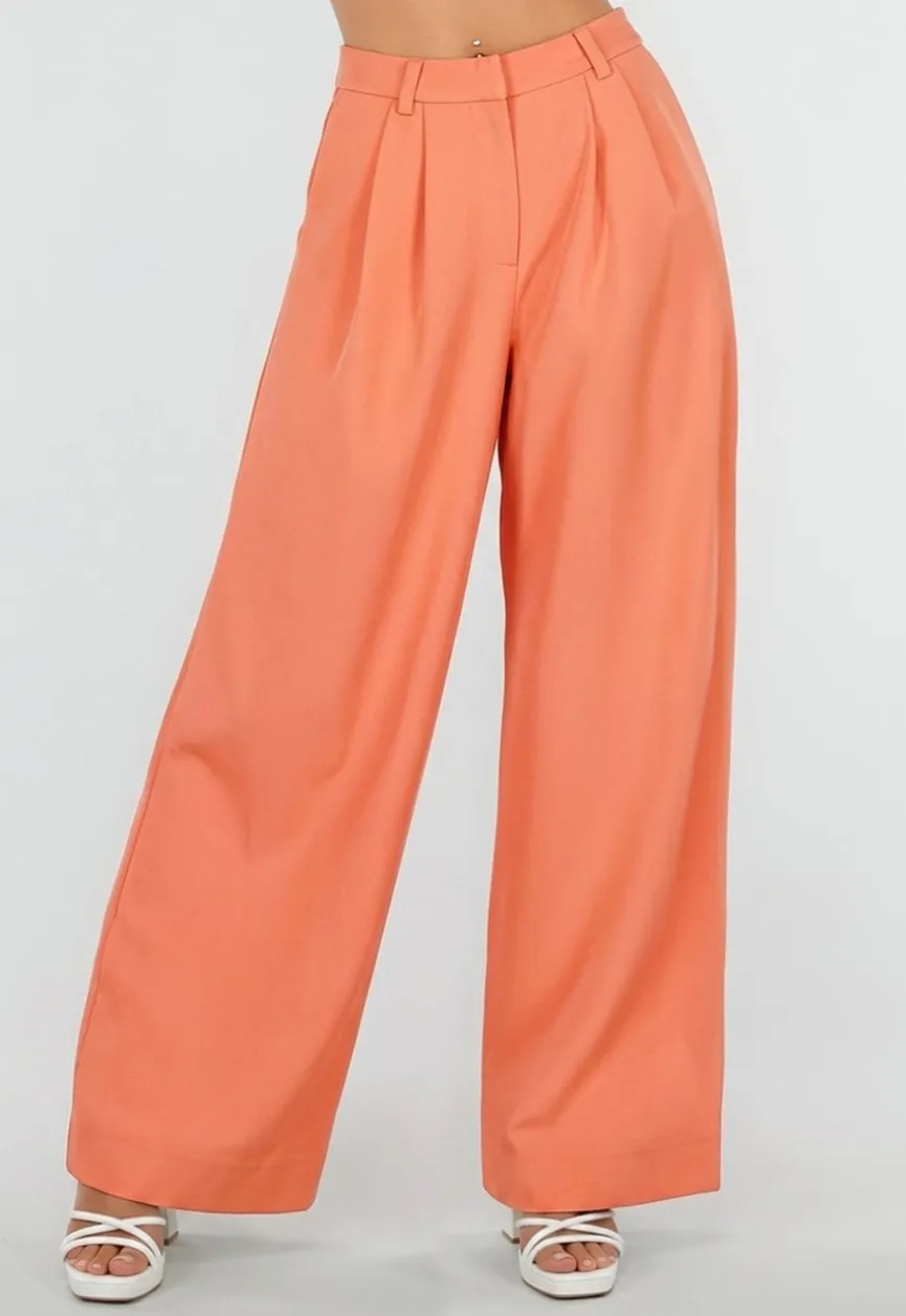 Coral Petite Pantalon met Wijde Pijpen en Plooien
