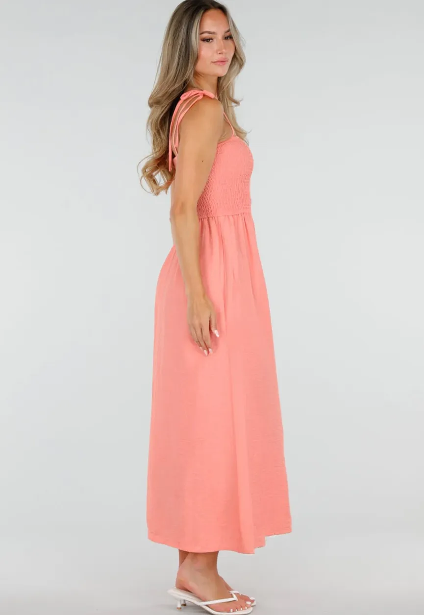 Coral Roze Maxi Jurk met Smock en Strikbandjes