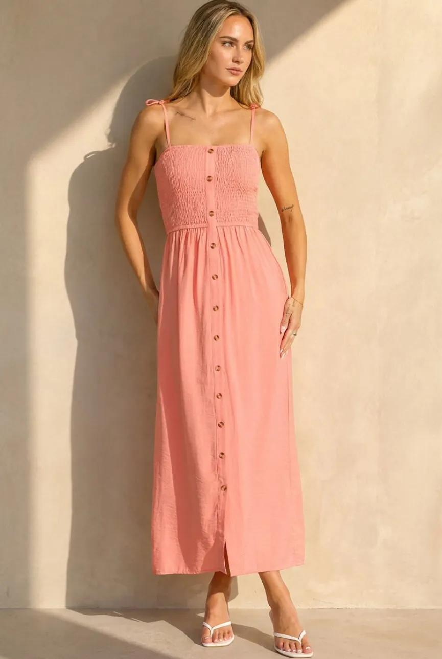 Coral Roze Maxi Jurk met Smock en Strikbandjes
