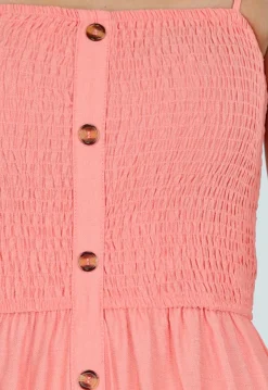 Coral Roze Maxi Jurk met Smock en Strikbandjes