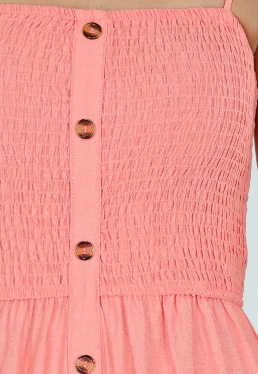 Coral Roze Maxi Jurk met Smock en Strikbandjes