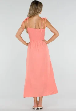 Coral Roze Maxi Jurk met Smock en Strikbandjes