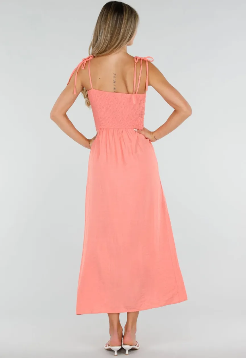 Coral Roze Maxi Jurk met Smock en Strikbandjes