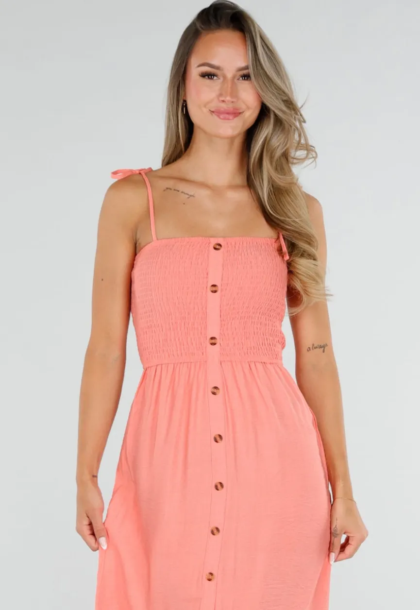 Coral Roze Maxi Jurk met Smock en Strikbandjes