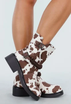 Cowprint Enkellaarsjes met Vlechtband en Blokhak