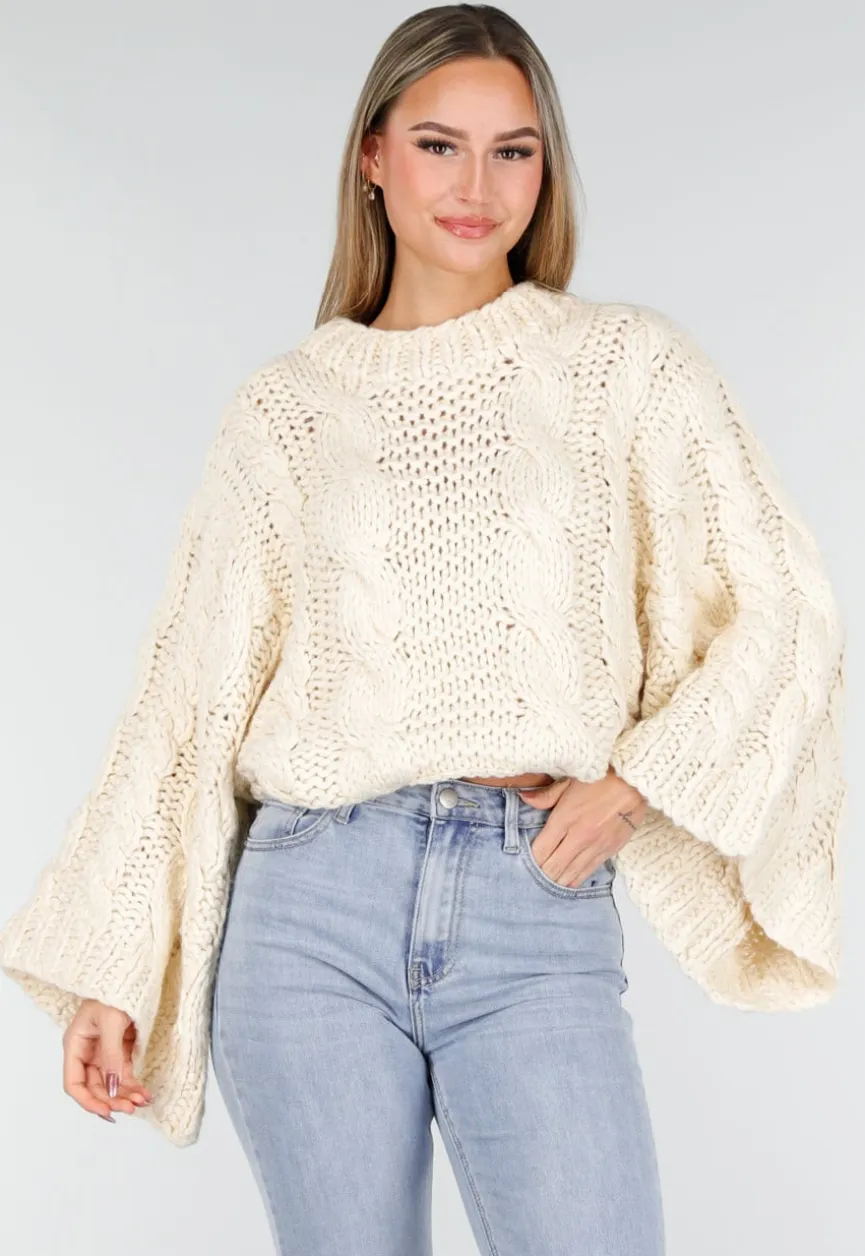Cream Oversized Grofgebreide Kabeltrui met Lange Mouwen
