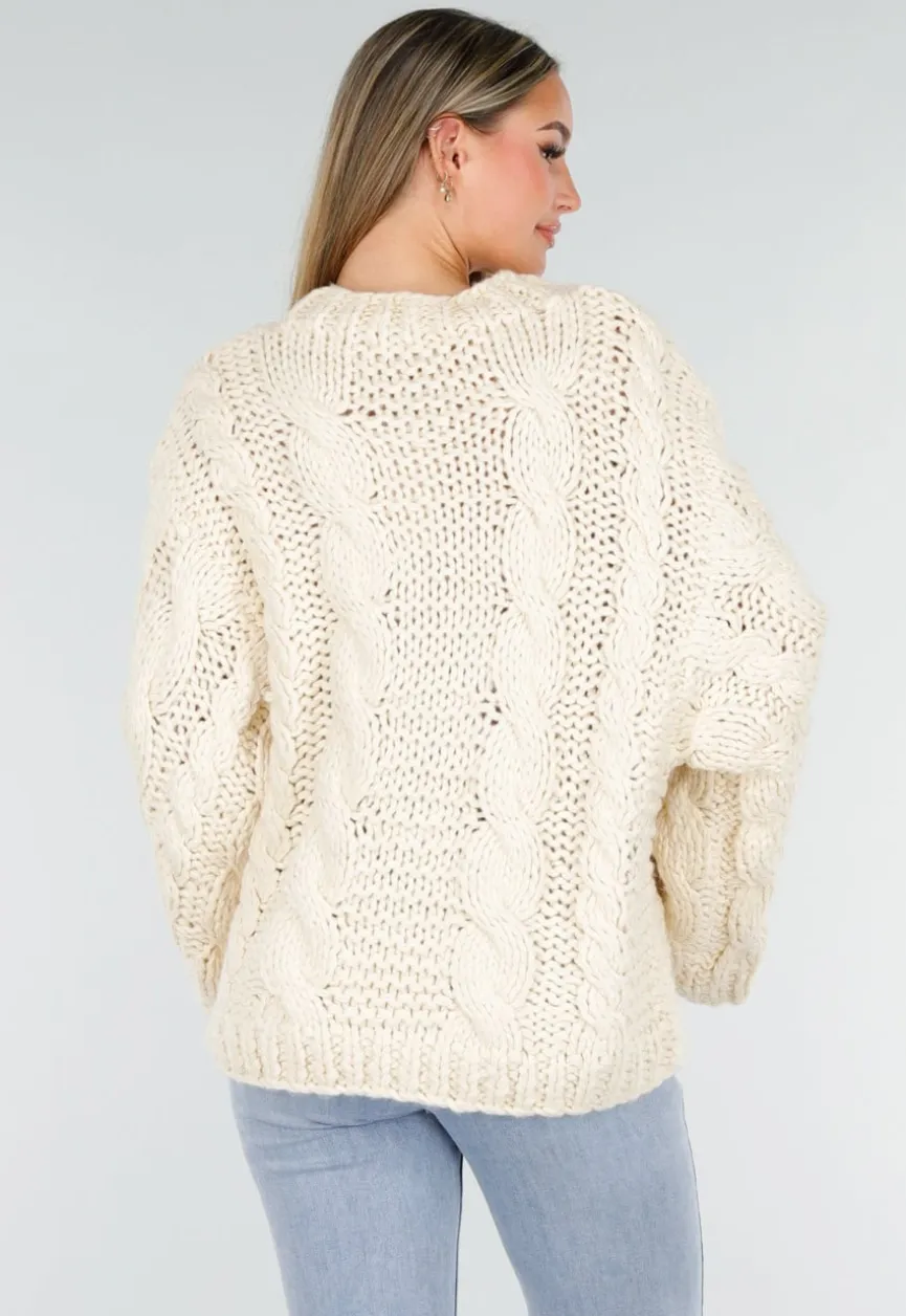 Cream Oversized Grofgebreide Kabeltrui met Lange Mouwen
