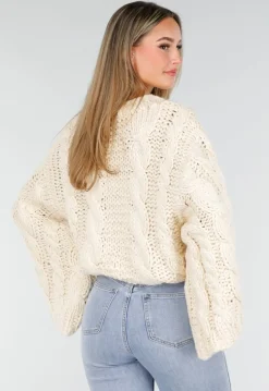 Cream Oversized Grofgebreide Kabeltrui met Lange Mouwen