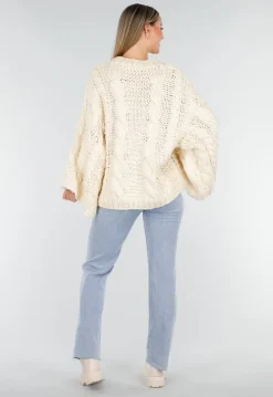 Cream Oversized Grofgebreide Kabeltrui met Lange Mouwen