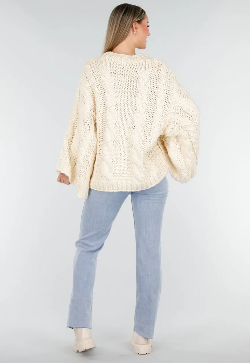 Cream Oversized Grofgebreide Kabeltrui met Lange Mouwen
