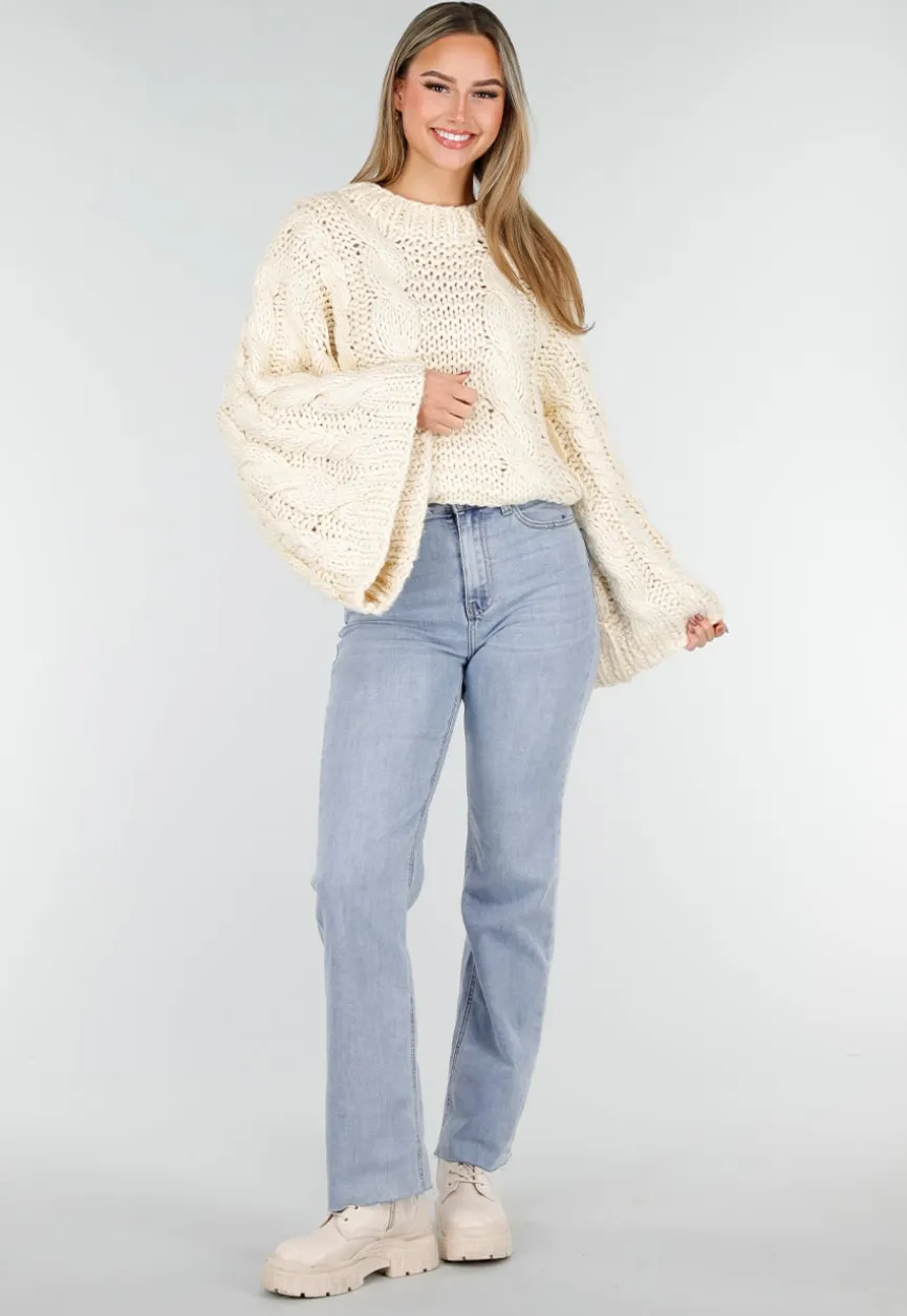 Cream Oversized Grofgebreide Kabeltrui met Lange Mouwen