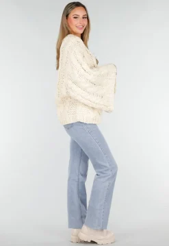 Cream Oversized Grofgebreide Kabeltrui met Lange Mouwen