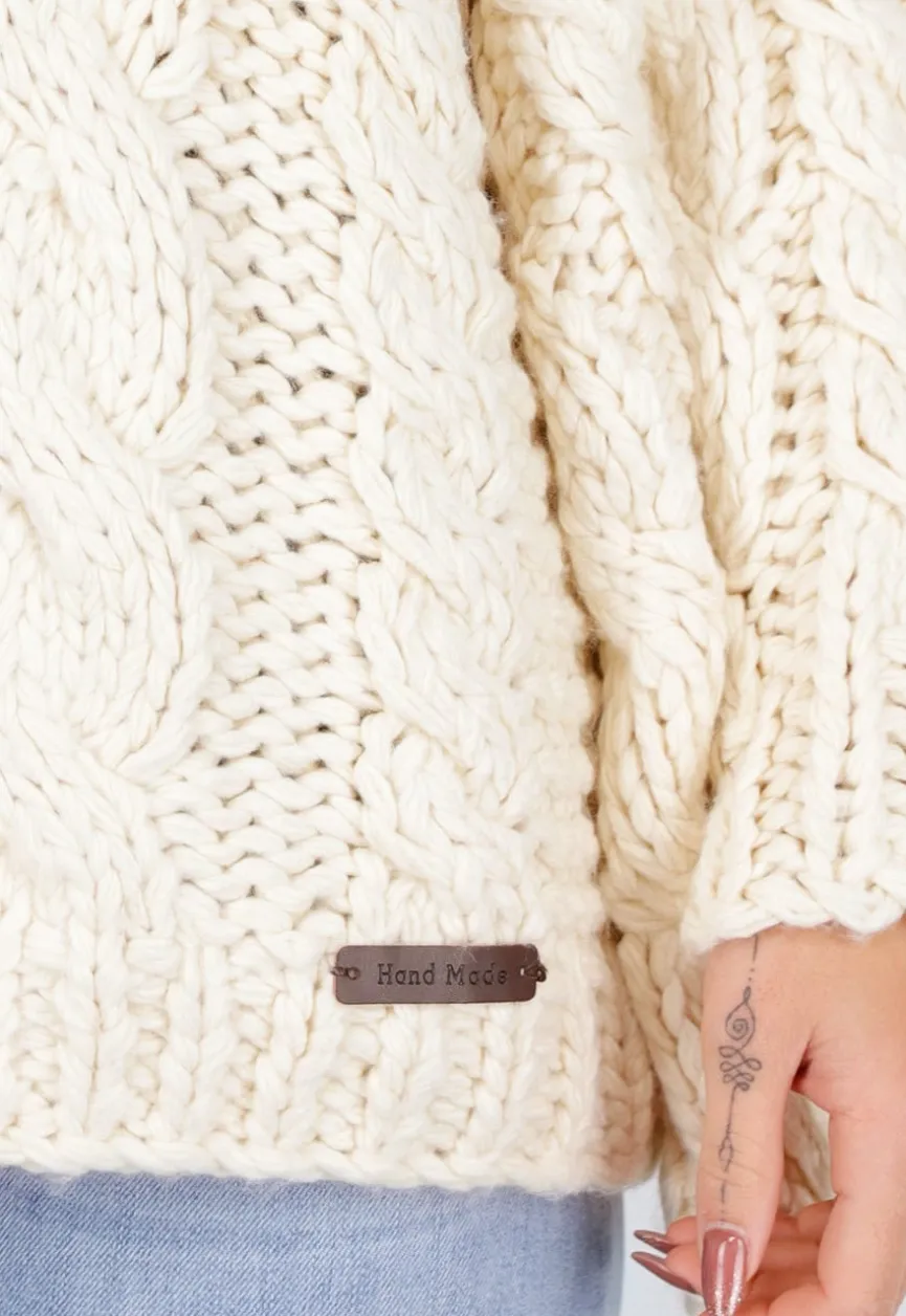 Cream Oversized Grofgebreide Kabeltrui met Lange Mouwen
