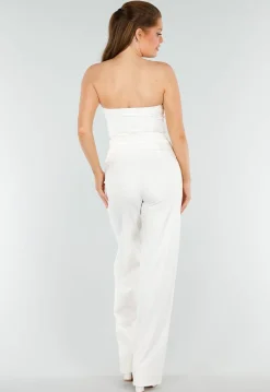 Cream Strapless Getailleerde Gilettop met Knopen