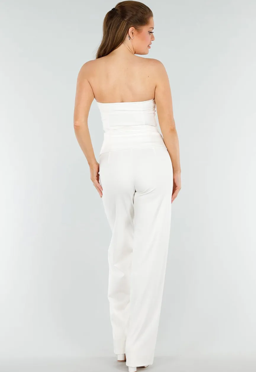 Cream Strapless Getailleerde Gilettop met Knopen