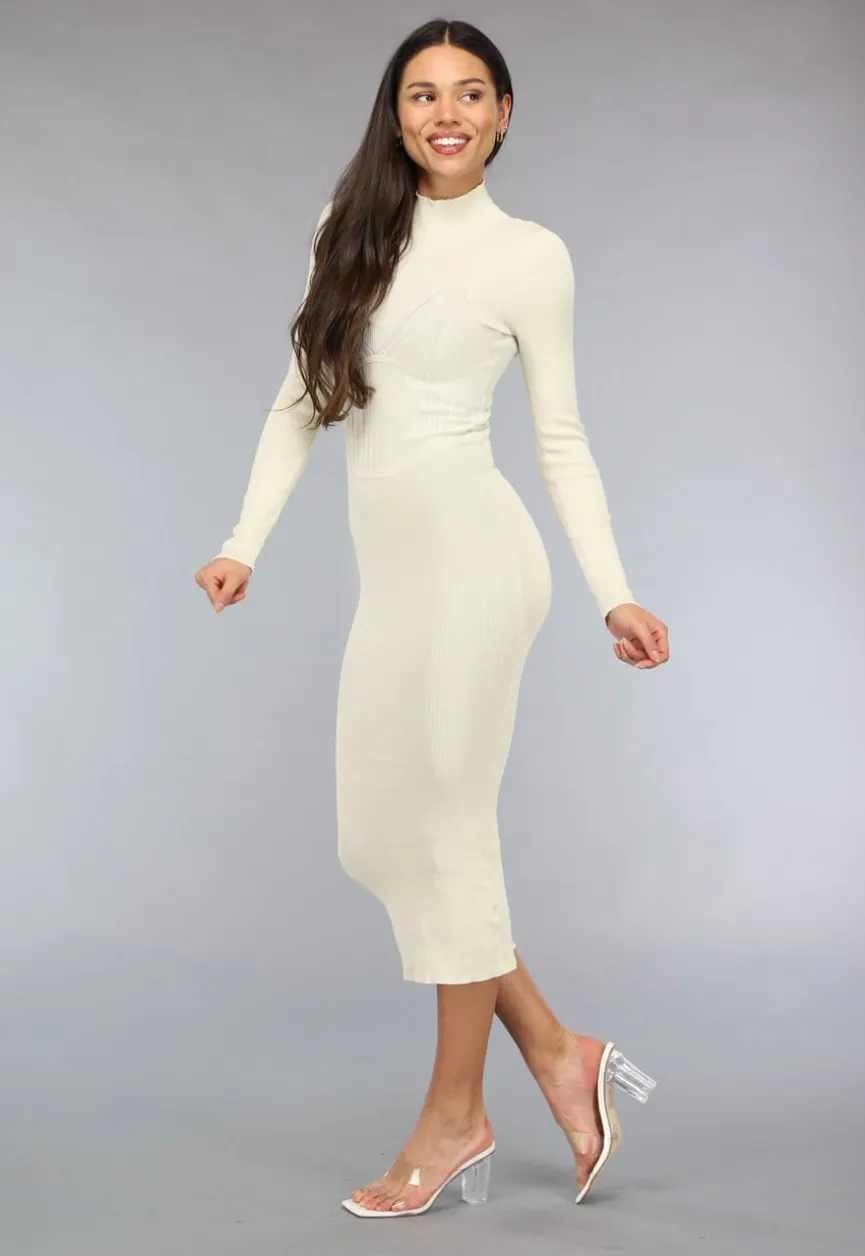 Crème Rib Bodycon Midi Jurk met Lange Mouwen