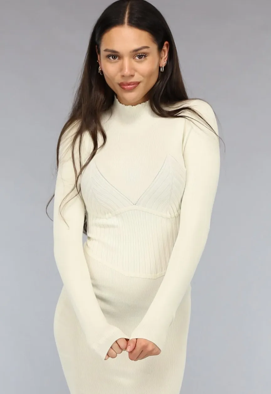 Crème Rib Bodycon Midi Jurk met Lange Mouwen