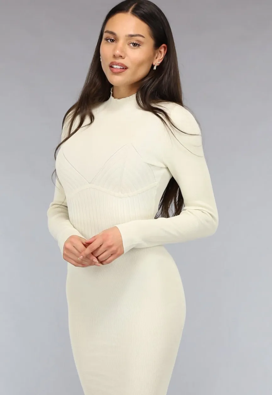 Crème Rib Bodycon Midi Jurk met Lange Mouwen