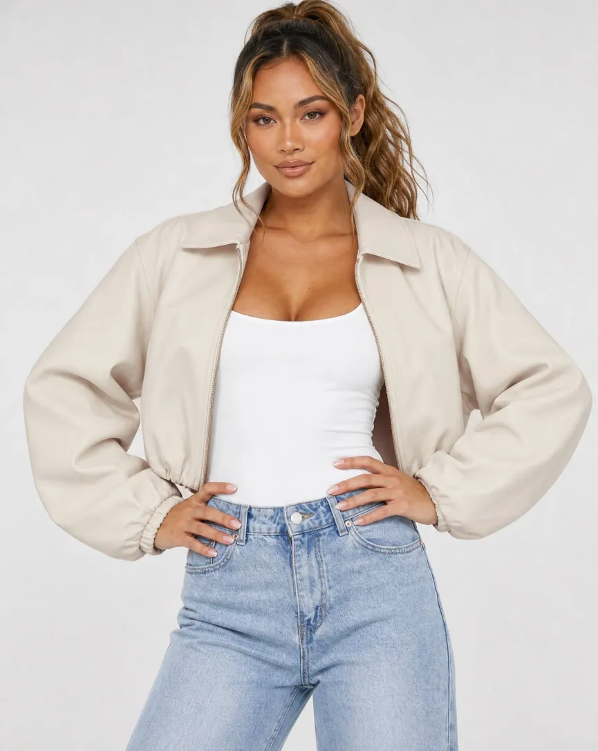 Crème Cropped Bomberjack met Ritssluiting en Ballonmouwen