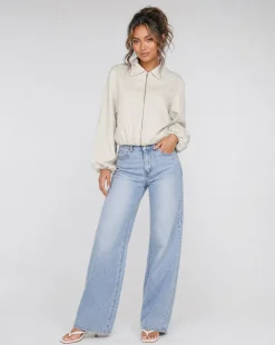 Crème Cropped Bomberjack met Ritssluiting en Ballonmouwen