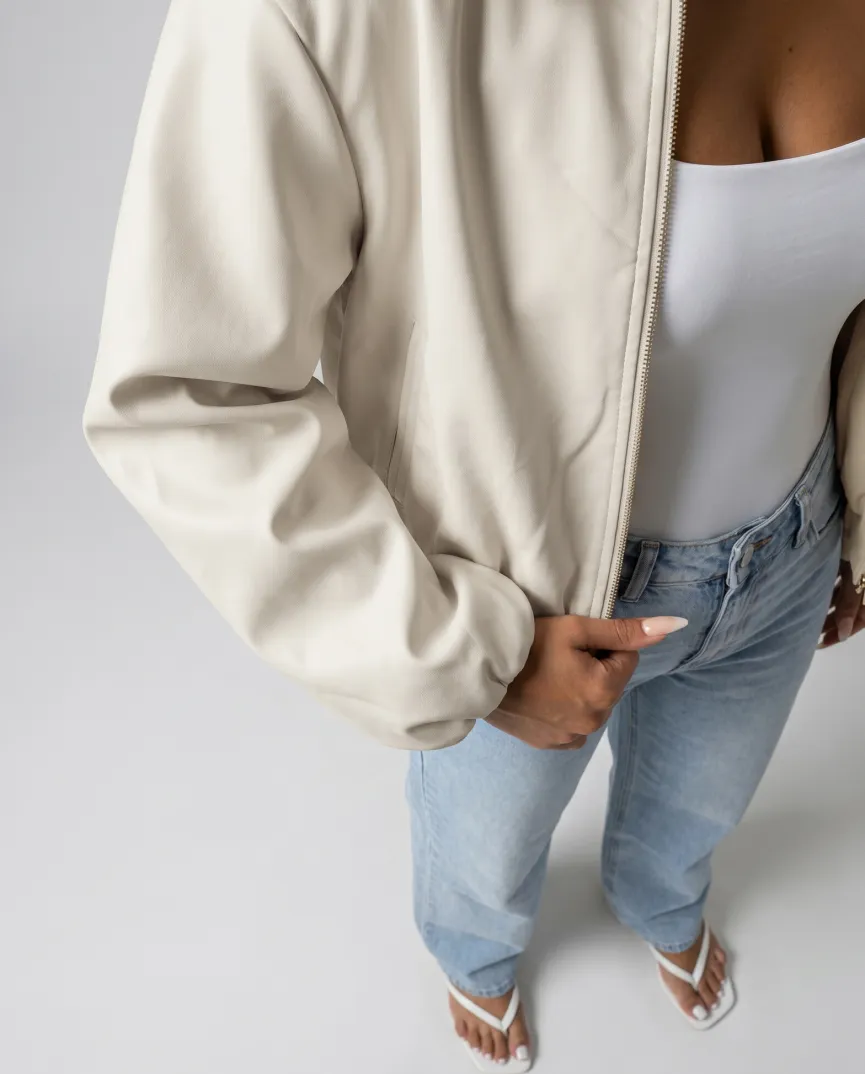 Crème Cropped Bomberjack met Ritssluiting en Ballonmouwen