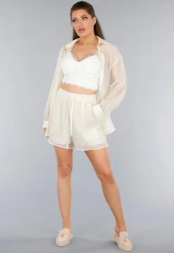 Crème 2-Delig Set met Doorschijnende Blouse en Elastische Short