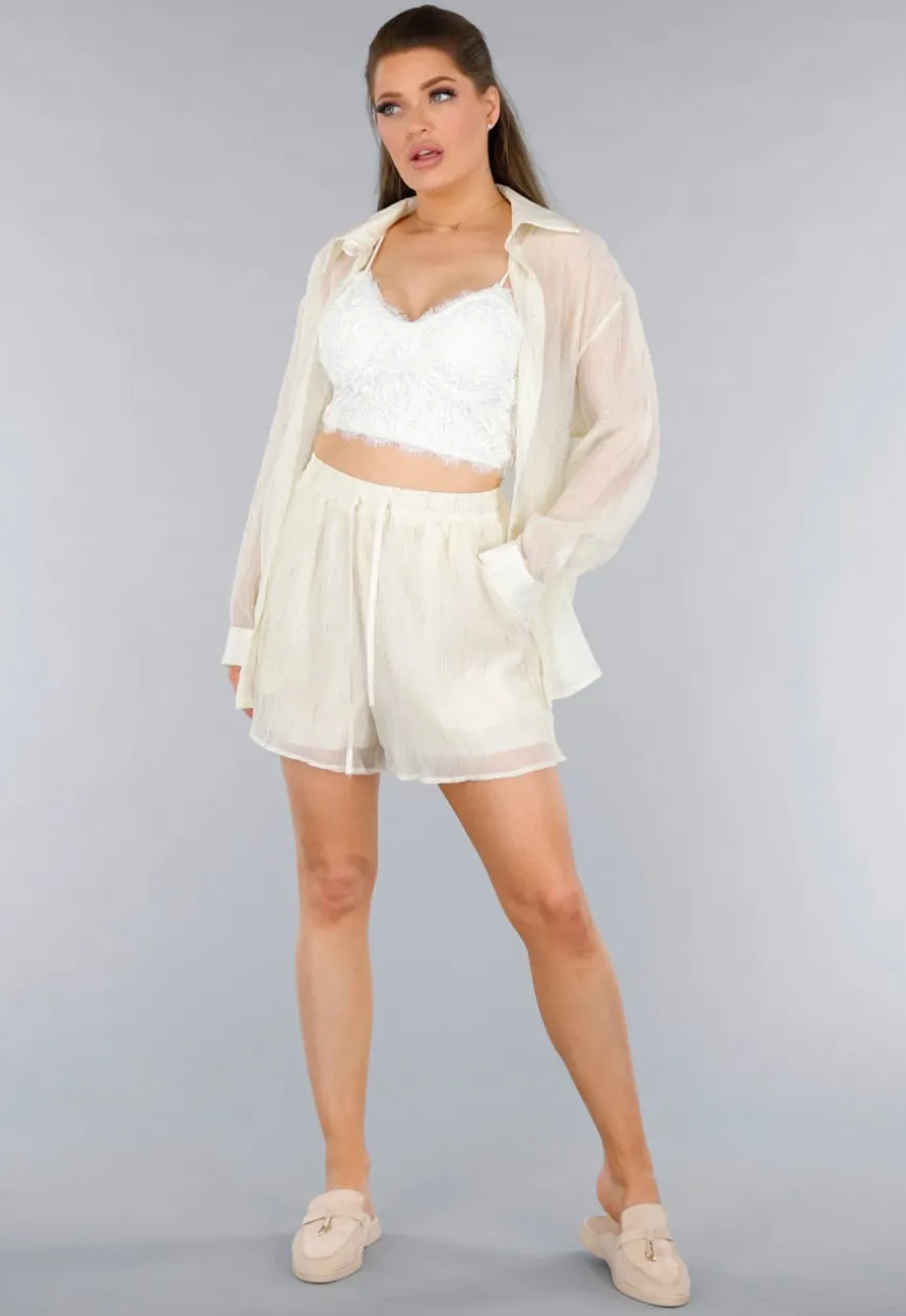 Crème 2-Delig Set met Doorschijnende Blouse en Elastische Short