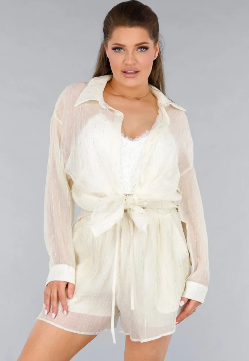 Crème 2-Delig Set met Doorschijnende Blouse en Elastische Short