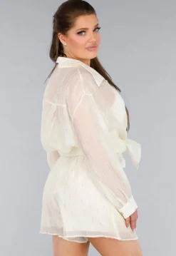 Crème 2-Delig Set met Doorschijnende Blouse en Elastische Short