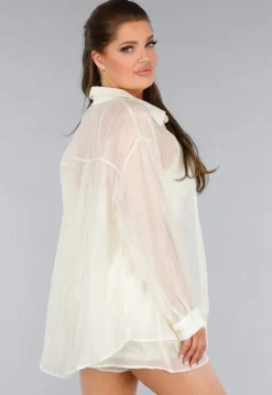 Crème 2-Delig Set met Doorschijnende Blouse en Elastische Short