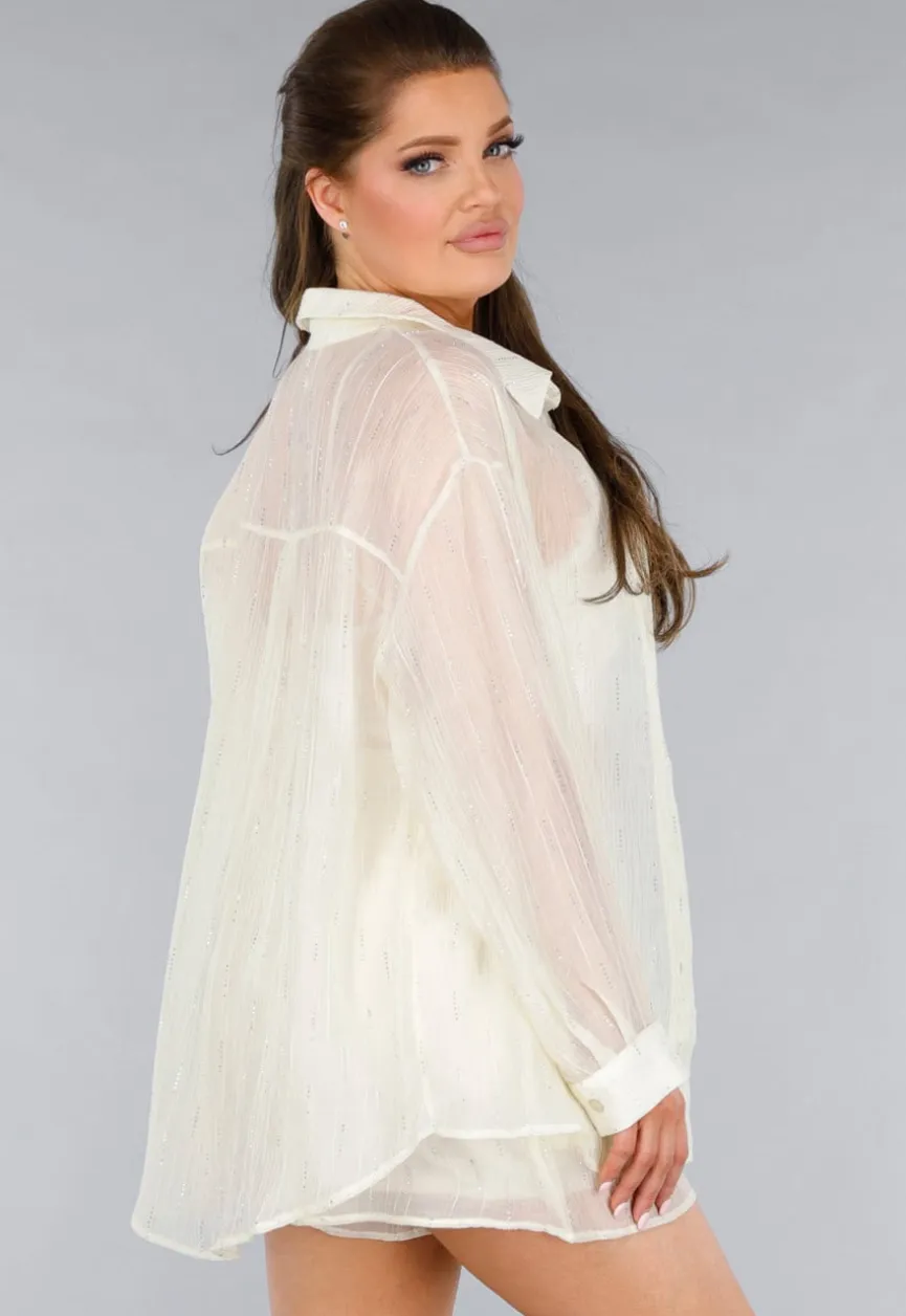 Crème 2-Delig Set met Doorschijnende Blouse en Elastische Short