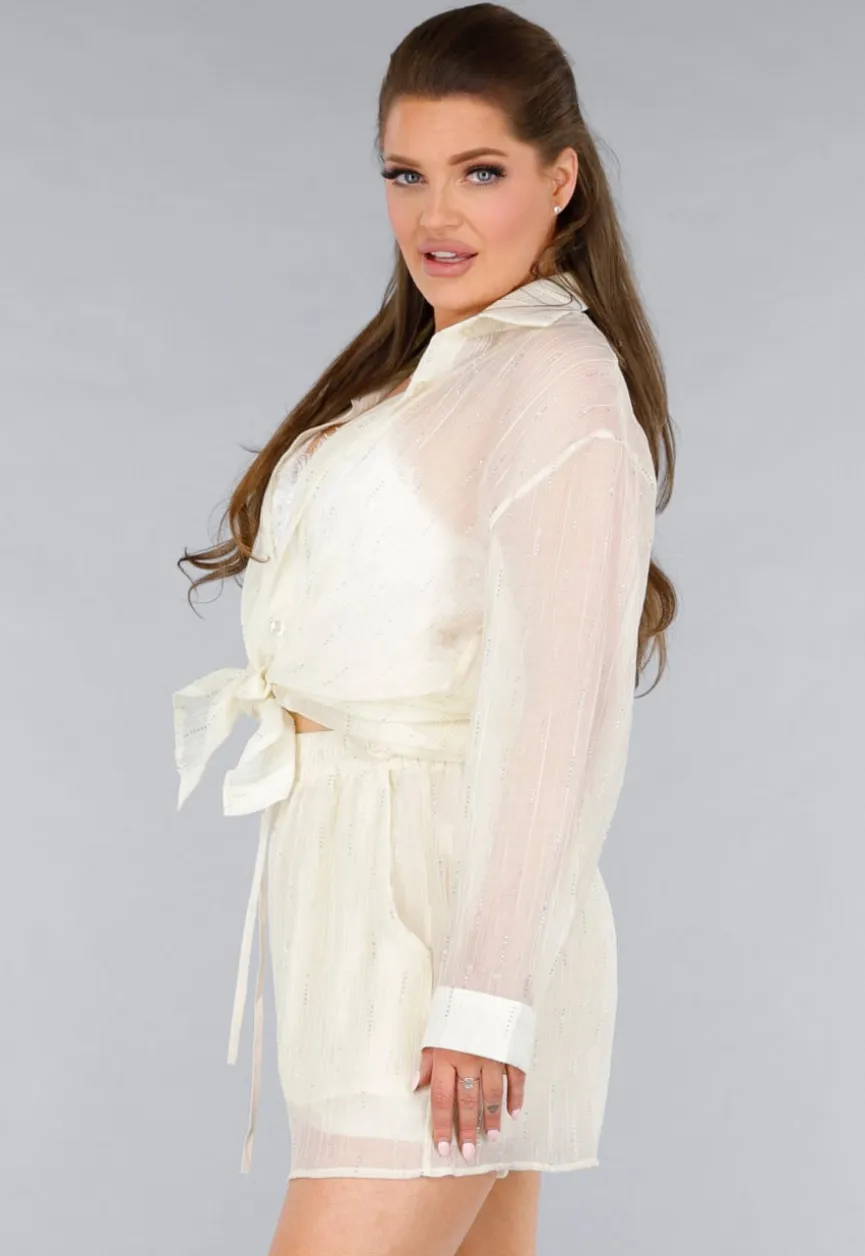 Crème 2-Delig Set met Doorschijnende Blouse en Elastische Short