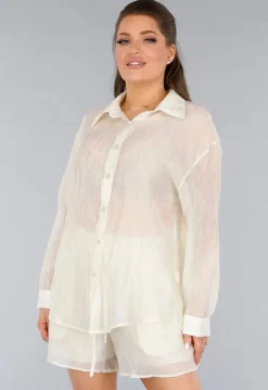 Crème 2-Delig Set met Doorschijnende Blouse en Elastische Short