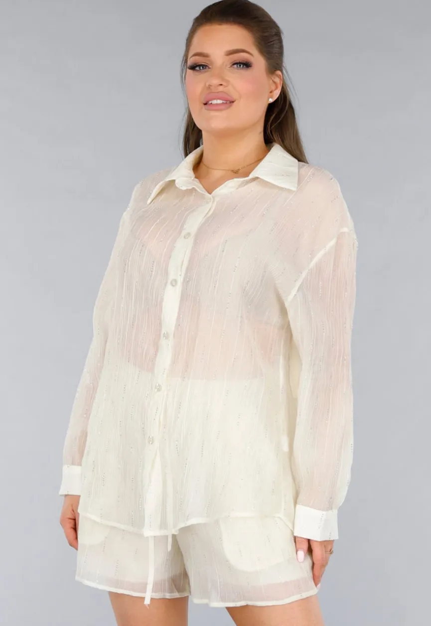 Crème 2-Delig Set met Doorschijnende Blouse en Elastische Short