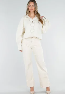 Crème Denim Blouse met Oversized Knopen en Lange Mouwen