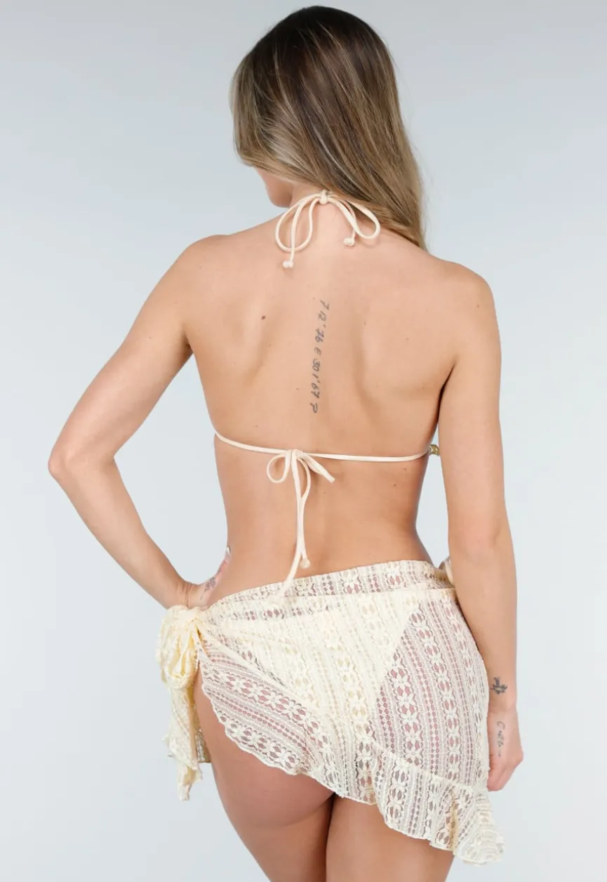 Crème Driedelige Bikini Set met Kant en Bijpassend Rokje