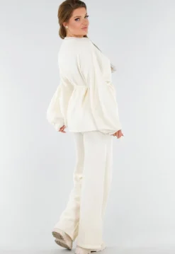 Crème Gebreide Set met Overslag Top en Wijde Broek
