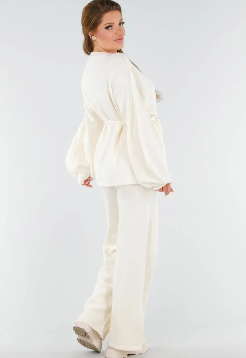 Crème Gebreide Set met Overslag Top en Wijde Broek