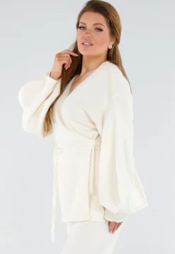 Crème Gebreide Set met Overslag Top en Wijde Broek