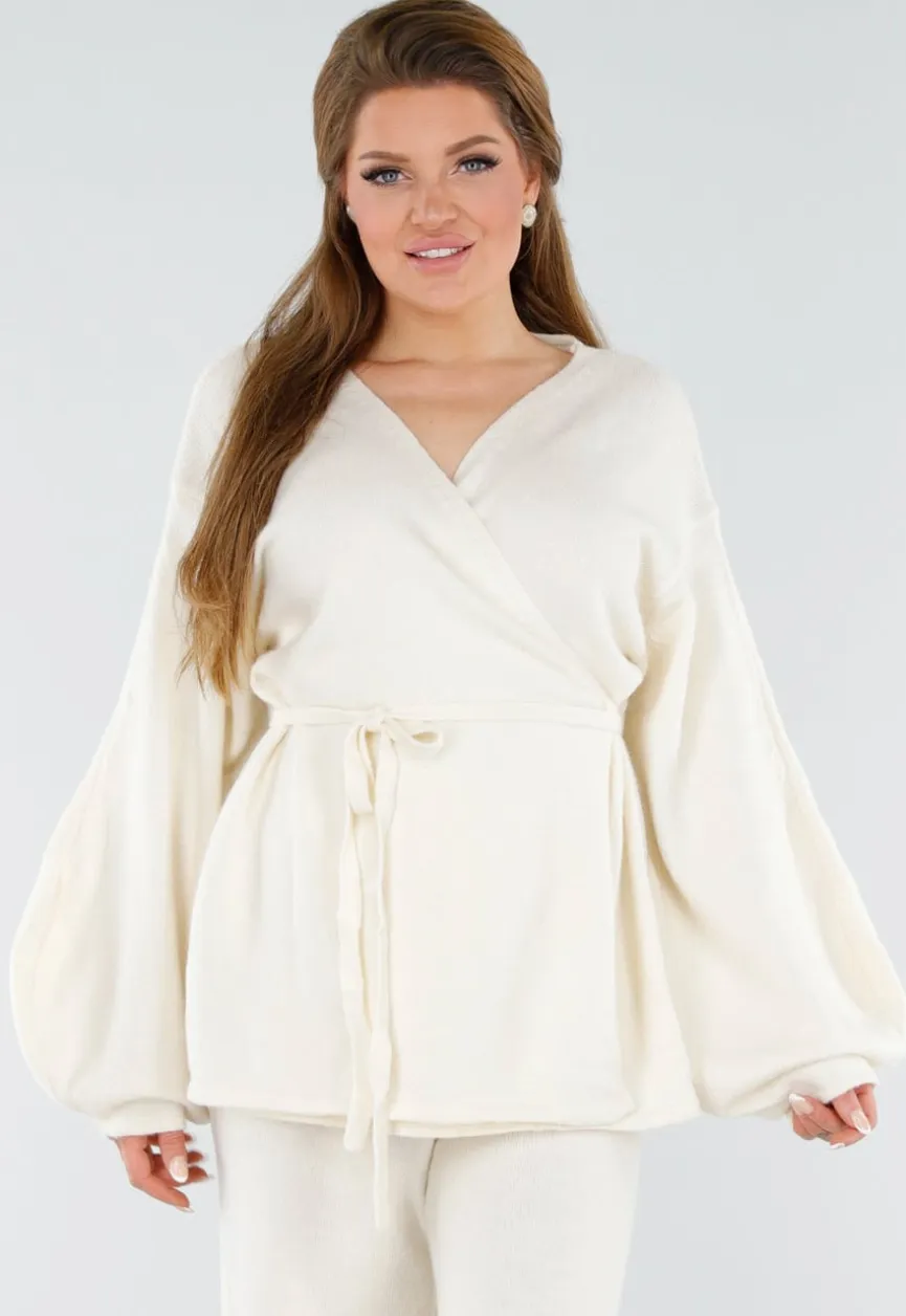 Crème Gebreide Set met Overslag Top en Wijde Broek