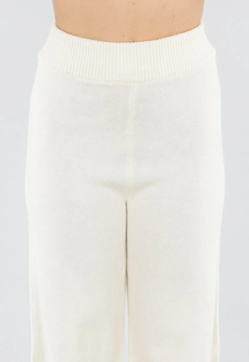 Crème Gebreide Set met Overslag Top en Wijde Broek