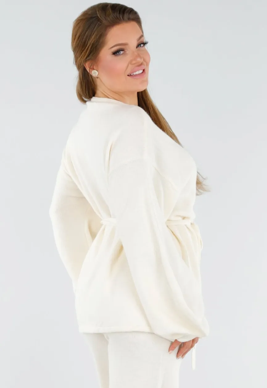 Crème Gebreide Set met Overslag Top en Wijde Broek
