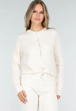 Crème Gebreid Vest met Knoopsluiting en Lange Mouwen