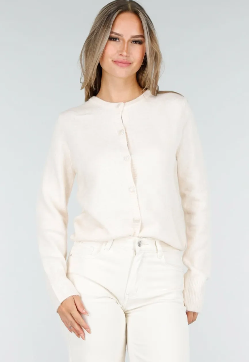 Crème Gebreid Vest met Knoopsluiting en Lange Mouwen